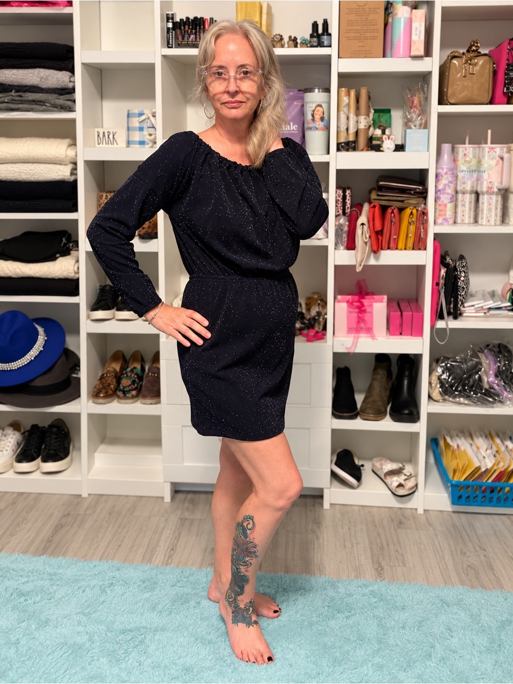 Kori Navy Sparkle Off Shoulder Mini Dress Long Sleeve